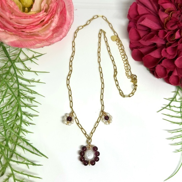 Garnet & Freshwater Pearl Flower Charm Necklace